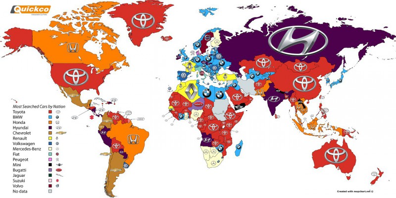 Мировая карта популярности автомобильных брендов в 2016 году